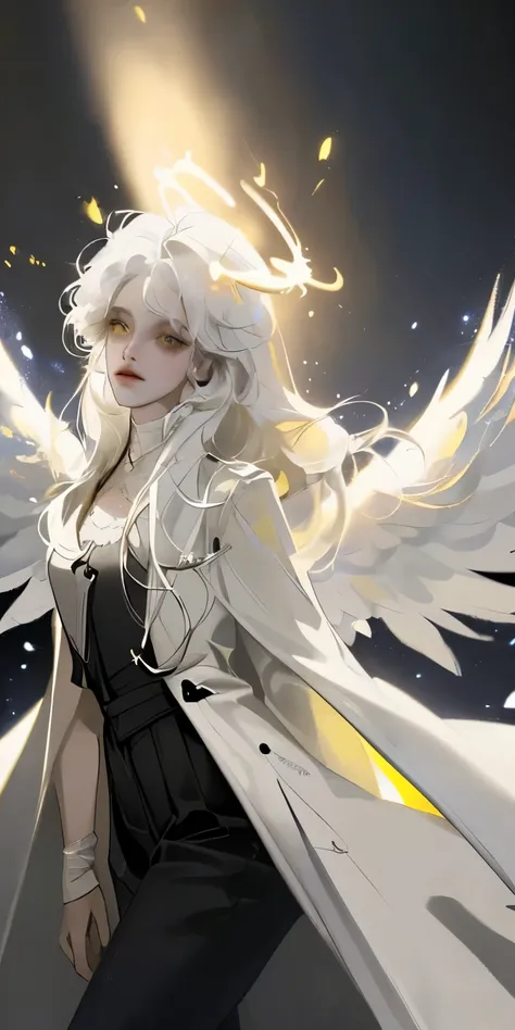 (masterpiece, best quality:1.3), (ultra-detailed:1.3), 1girl, solo, (white hair, messy hair, long hair), (angel wings, angel halo), flat chest, yellow eyes, (white shirt, black necktie, black coat, open coat), cowboy shot, cinematic lighting, (((glowing li...
