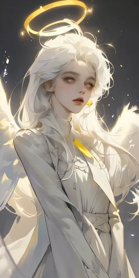 (masterpiece, best quality:1.3), (ultra-detailed:1.3), 1girl, solo, (white hair, messy hair, long hair), (angel wings, angel halo), flat chest, yellow eyes, (white shirt, black necktie, black coat, open coat), cowboy shot, cinematic lighting, (((glowing li...