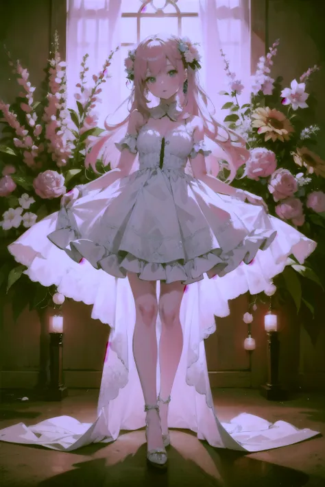 ((highest quality)), ((masterpiece)), (be familiar with), perfect face,big eyes,girl,pink hair,Surrounded by beautiful flowers in the light,She wears a long dress with lots of frills, flowers, and lace.,8k,(very long hair),(full body:1.5)