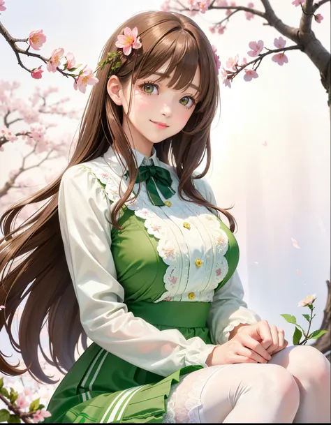 ((1 25 year old girl))), big breasts, solo, (((long light brown hair with bangs))), extremely sexy body, green eyes, (beautiful flower skirt dress, white stockings, lace), look at the viewer, shy smile, elegant, extremely detailed, pink lips, shy, feminine...