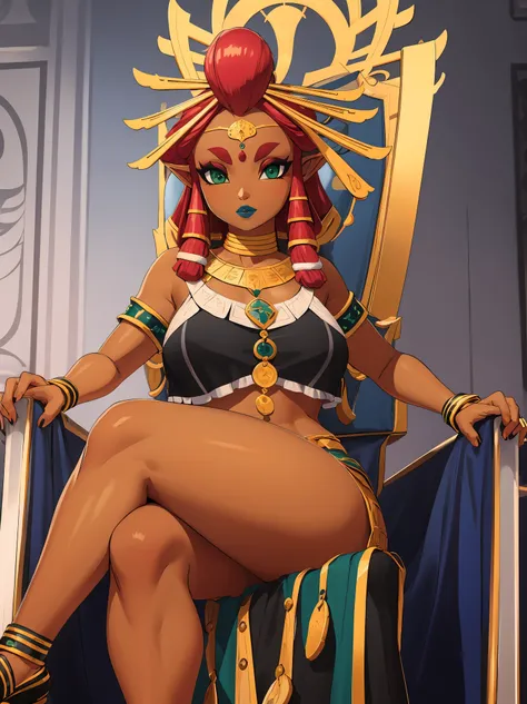 big breasts, green eyes, dark blue lips, sitting on a throne, sexy legs, riju