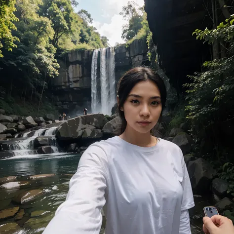 Indonesian men and women taking selfies. A thin man, wearing a white t-shirt, clean face without beard. Fat woman, wearing a long-sleeved t-shirt, wearing a black hijab. They were at waterfalls, mountains, blue clouds, early morning. Realistic.