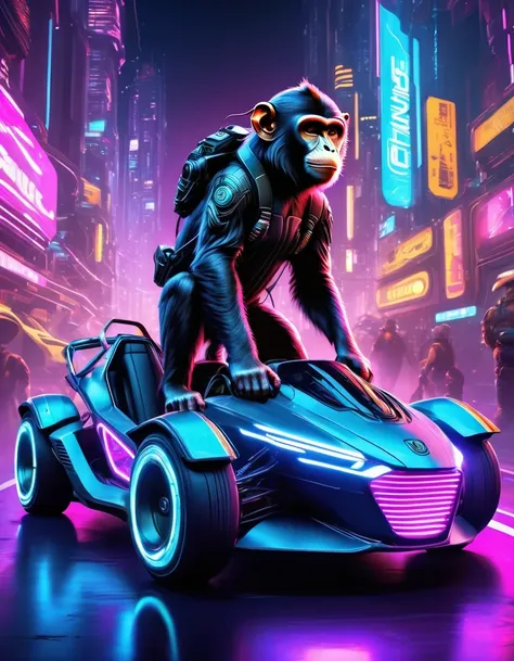 A funny monkey and his cyberpunk racer, (best quality, 4K, high resolution, masterpiece:1.2), Super detailed, actual:1.37, bright colors, Under the illumination of neon lights, In a dystopian cityscape, Towering skyscrapers and futuristic buildings, Surrou...