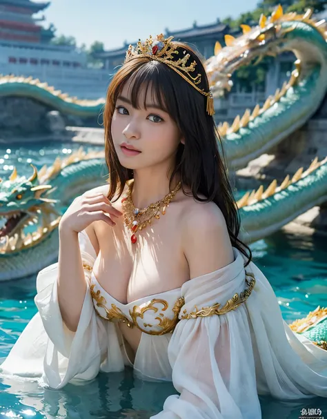 (very heavy chest)、highest quality、masterpiece、ultra high resolution、（green dragon armor）、(((Metal製))),(((big breasts)))、(((Highly revealing white micro bikini))),(she wears a beautiful crown made of precious stones.),(Photoreal:1.4)、RAW photo、1 girl、(((ra...