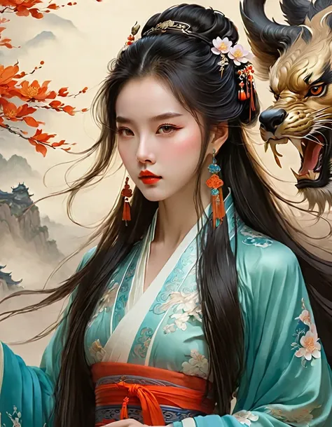 anime illustration，Chinese girl，fair，hanfu，beast