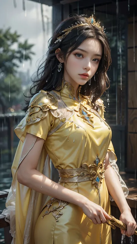 a woman in a yellow dress, realistic Art Station, (hard raining:1.5), Detailed Fantasy Art, Stunning Character Art, beautiful Exquisite Character Art, Beautiful yellow Armor, Extremely Detailed, yellow armor Girl, Exquisite Intricate Headdress and Jeweller...