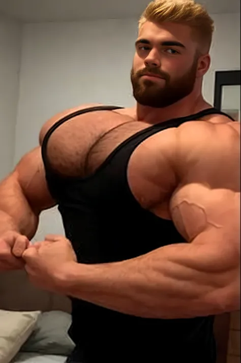 arafed man with a beard and a black tank top posing for a picture, big muscles, big biceps, massive muscles, large muscles, huge muscles, robust stocky body, big chest, gigachad muscular, very beautiful. big muscles, very muscly, big muscle, showing off bi...