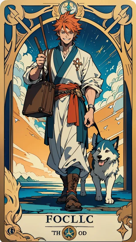 The Fool, tarot cards, male, traveller, one dog, walk, There is a walking dog next to me, carry luggage, smile, anime, UHD, super detail, high details, highres, best quality, 8k