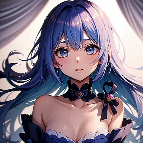 Rinne Jing、blue hair、bob hair、Front falling bob、Gray triple heart hair ornament、light blue eyes、white dress、Lots of rainbow colored rose decorations、Pink long gloves、yellow green pearl necklace