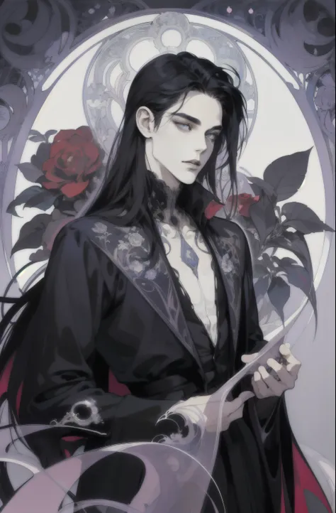 basic Art Nouveau, A beautiful Vampire tarot card with, beautiful femenine man perfect face, young vampire man, (((oval face))), dark clothes, beautiful vampire man, soft and melancholic facial features, delicated man, no wrinkles, no lipstik, effeminate f...