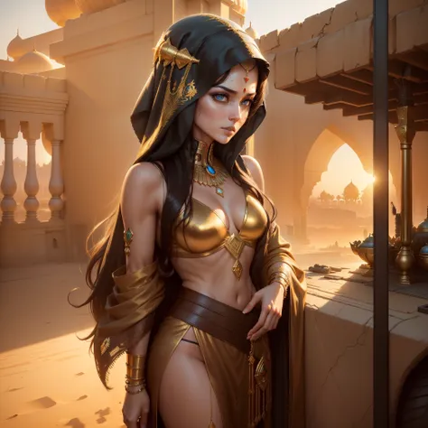 Photo of (arabian princess:1.5) Packed hall standing in the background々and衣装を着て (Cyberpunk Desert:1.3), (Exotic Royal Palace:1.5) and (sunset sky:1.2). In a complex hijab, Long vest in jewelry with gold embroidery, detailed face and eyes, (very detailed:1....