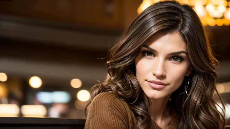 (wavy brunette perfect body Juliana Harkavy), (medium hair length), wearing (brown sweater dress), pose with a smirk, feminine fit detailed body and face and skin pores, highly detailed expressive, space above head, depth of field, skin details, caffe day ...