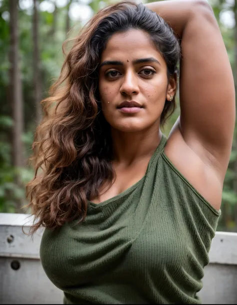 face of pv sindhu and tapsee pannu, perfect thick dusky beauty, dynamic lighting, wearing olive green knit cami top, detailed ha...