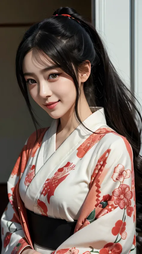 Beautiful Japanese women depicted in the highest quality manga。Her eyes are expressive、Have a perfect face。She has the charm of a cute anime character.、Wearing a beautiful Japanese kimono。The kimono has a dragon embroidered on it..、Features black and red c...