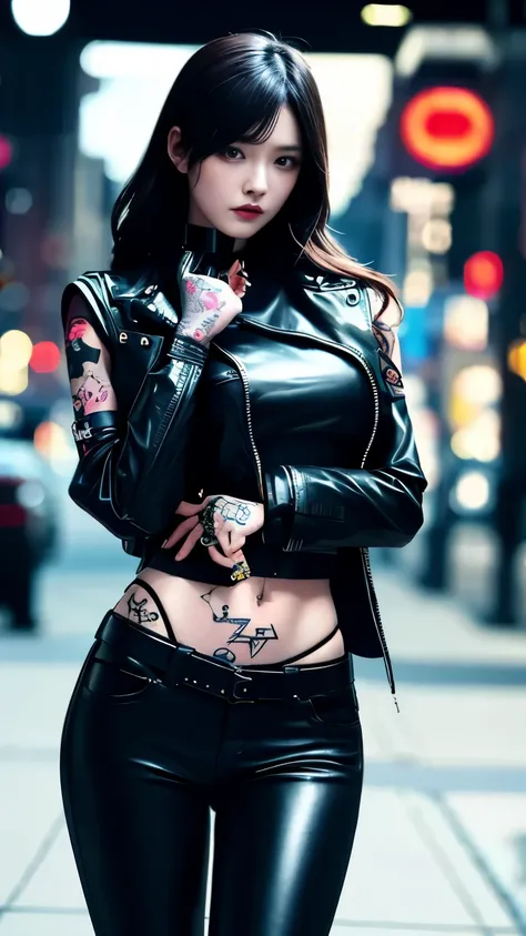 (highest quality)，masterpiece，Super detailed，8K, UHD，Beautiful woman，japanese woman，No expression，whole body，((tattoo))，slim，black leather pants，black leather vest，(female mafia)，gangster，(cyberpunk city)，night，cinematic lightening，underworld