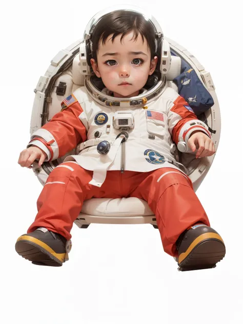 sharp baby in a spacesuit sitting on a chair, in traje espacial, wears a traje espacial, cute astronauta sticker art, com um traje espacial, wears tiny traje espacial, small astronauta looking up, vestindo um traje espacial, astronauta, fully suited to the...