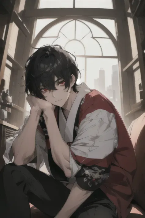 (Super detailed,high resolution),Sitting dark-haired boy, Red eyes, Japanese cartoons