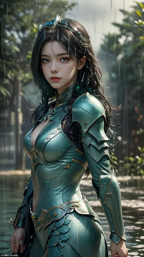 a woman in a green armor, realistic Art Station, (hard raining:1.5), Detailed Fantasy Art, Stunning Character Art, beautiful Exquisite Character Art, Beautiful (green Armor:1.8), Extremely Detailed, green armor Girl, Exquisite Intricate Headdress and Jewel...