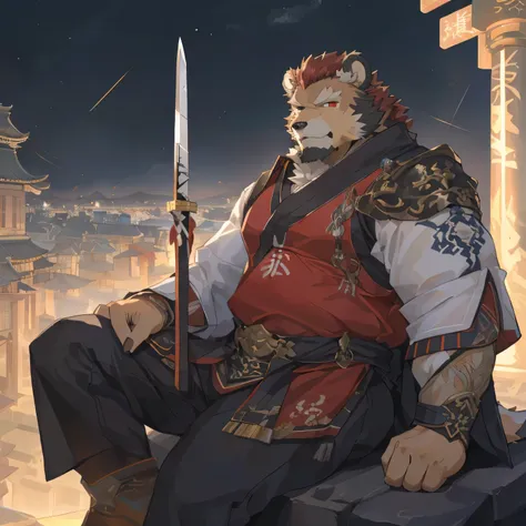 (polar bear),(赤红流火General战袍),Holding a long sword,坚Strong姿态,Sitting calmly on the edge of the cliff,(The brightly lit city is in the background.:1.2),abdominal muscles,heroic posture飒爽,完美的masterpiece,Various facial details,distance perspective,specific des...