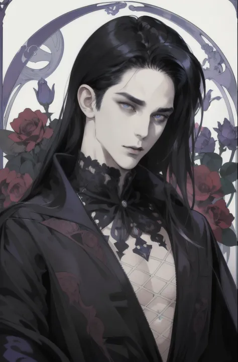 basic Art Nouveau, A Vampire tarot card with, man, perfect face, young, (((oval face))), dark clothes, soft and melancholic facial features, delicated man, no wrinkles, no lipstik, effeminate face, gothic style, perfect detailed eyes and face, black hair ...