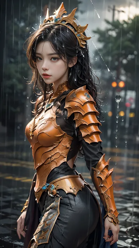 a woman in a orange armor, realistic Art Station, (hard raining:1.5), Detailed Fantasy Art, Stunning Character Art, beautiful Exquisite Character Art, Beautiful (orange Armor:1.8), Extremely Detailed, Exquisite Intricate Headdress and Jewellery, perfect bo...