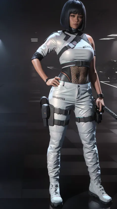 (full body portrait, 1 girl, looking at viewer, highly detailed, anatomy correct:1.4), white pants, black boots, tactical gear, bob haircut, black hair, Sharp focus, katana on back, short sleeve, sexy pose, ((Best quality, masterpiece, Very beautiful woman...