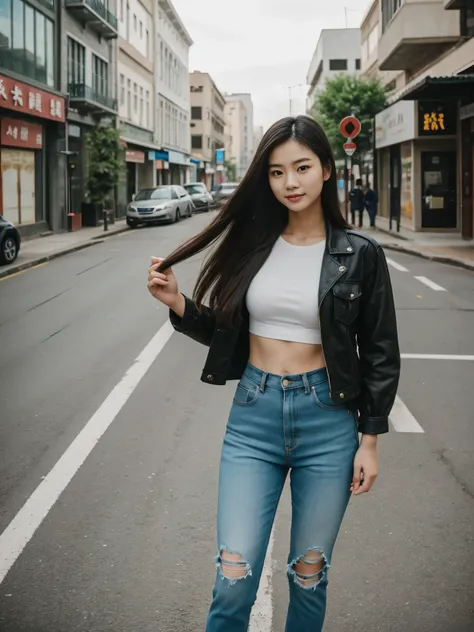 Cute Chinese girl, 20 years old, long hair, slim body, huge breast, fashion clothes, on a street