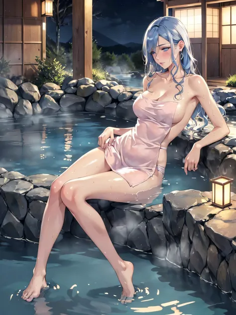 (((ultra high definition))), masterpiece, best quality, 8K, Accurate description, Carefully painted, Meticulous details, ((Open-air hot spring in Japan at night, Traditional large hot spring pool, stones by pool, steam)), a girl, White skin, perfect face, ...