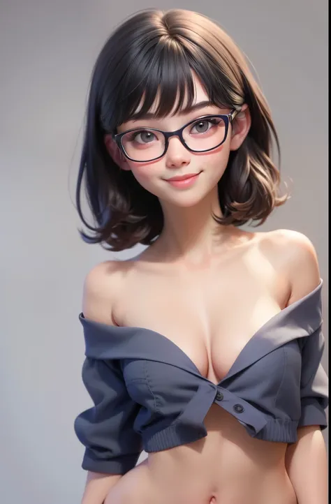 1 cute girl (18yo) glasses, upper body, slim waist, small breast, sexy pose, naugthy face, bangs, random hairstyle, cleavage, navel, off shoulder, seductive smile, naked, gray background