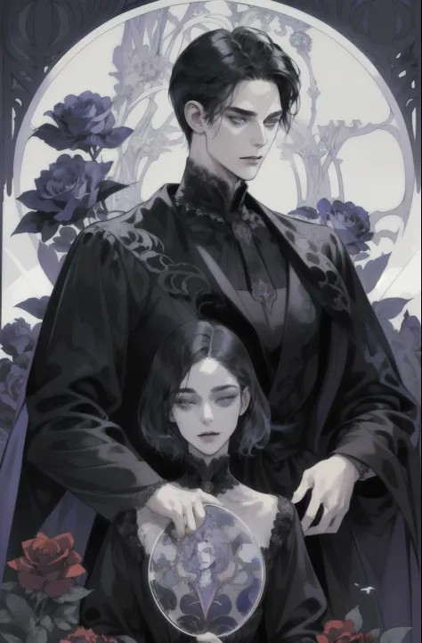 basic Art Nouveau, A Vampire tarot card with, man, perfect face, young, (((oval face))), dark clothes, soft and melancholic facial features, delicated man, no wrinkles, no lipstik, effeminate face, gothic style, perfect detailed eyes and face, black hair ...