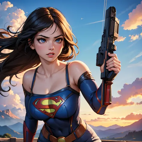 best quality, ultra-detailed, masterpiece, fine details, high res, 8k wallpaper, best quality, highres, cowboy shot, supergirl, spaghetti strap top, dynamic action, flying, doing superhero stuff, superhero, beautiful girl, woman, solo, fly, sky, cloudy sky...