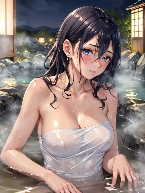 (((ultra high definition))), masterpiece, best quality, 8K, Accurate description, Carefully painted, Meticulous details, ((Open-air hot spring in Japan at night, Large old hot spring pond, Hot springs, steam)), a girl, White skin, perfect face, (Brown, Tec...