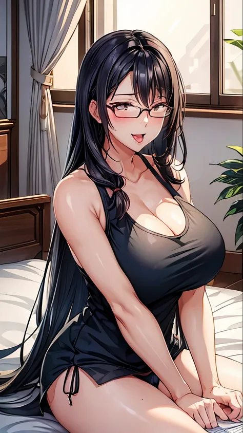 1 milf, long black hair, very big breasts, wearing glasses, stuck out her tongue, wearing a black tank top, blushing 