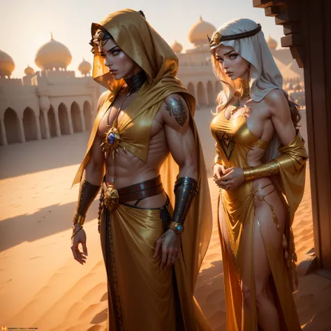 Photo of (arabian princess:1.5) Packed hall standing in the background々and衣装を着て (Cyberpunk Desert:1.3), (Exotic Royal Palace:1.5) and (sunset sky:1.2). In a complex hijab, Long vest in jewelry with gold embroidery, detailed face and eyes, (very detailed:1....