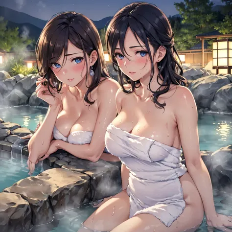 (((ultra high definition))), masterpiece, best quality, 8K, Accurate description, Carefully painted, Meticulous details, ((Open-air hot spring in Japan at night, Large old hot spring pond, Hot springs, steam)), a girl, White skin, perfect face, (Brown, Tec...