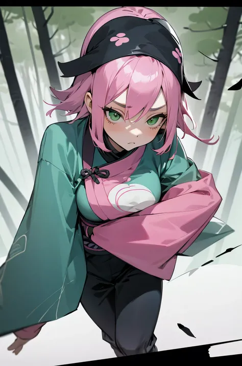 1female, young adult, Pink Hair , Green eyes ,  Gray and Blue haori slightly short sleeves and long sleeves underneath, standing in Forest background , facing viewer, somber expression, Ninja Clothing, G lean build.