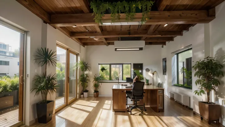 oficina verde,girl working in a oficina verde,plantas en la oficina,relaxing atmosphere,luz natural,Muebles modernos,espacio abierto,innovative design,ambiente silencioso,espacio de trabajo productivo,materiales ecologicos,concepto sostenible,energy saving...