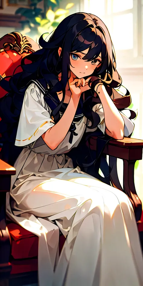 (masterpiece, best quality),1boy with long black curly hair sitting in a chair school class, her hand under her chin, warm lighting, white dress, blurry foreground