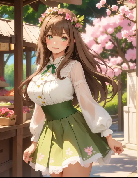 ((1 25 year old girl))), big breasts, solo, (((long light brown hair with bangs))), extremely sexy body, green eyes, (beautiful flower skirt dress, white stockings, lace), look at the viewer, shy smile, elegant, extremely detailed, pink lips, shy, feminine...