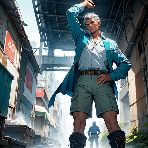 1 tall man of 25 years old with gray hair, ojos gris. Su atuendo es capa azul con capucha, white button-down shirt and green shorts, usa guantes, belt and boots. Standing position with one hand raised. Fondo del escenario ciudad en llamas, Magic War 