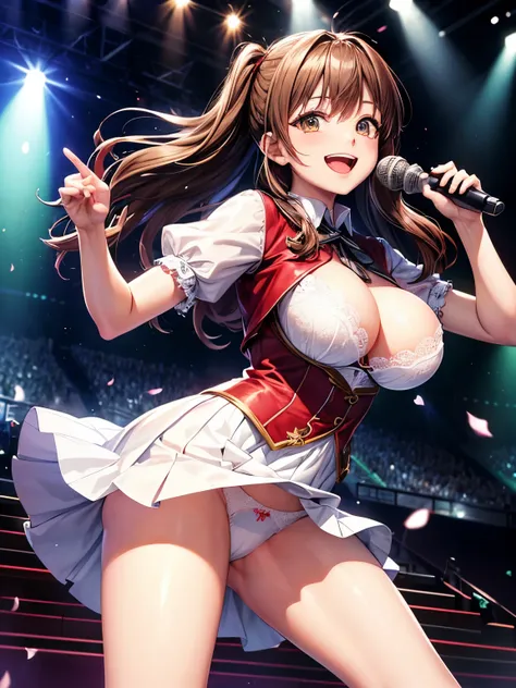 highest quality、All limbs、full finger、Slender beauty、brown hair、Dereste、red, 白とredのアイドル衣装、high socks、beautiful big breasts、live stage、sing、microphone, dancing、big smile、(white horizontal lace panties:1.1), skirt lift, shirt lift, show off panties、(show off...