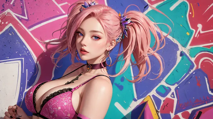 (Masterpiece, best quality, 1 girl, alone, complicated details, Chromatic aberration), realistic, ((Moderate breath)),long hair, pink hair, Red headpiece, Pink Highlights, hair on one eye,purple eyes, earring, sharp eyes, choker, Neon coat, She wears a col...