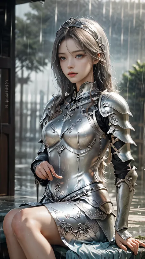 a woman in a silver armor, realistic Art Station, (hard raining:1.5), Detailed Fantasy Art, Stunning Character Art, beautiful Exquisite Character Art, Beautiful (silver Armor:1.8), Extremely Detailed, Exquisite Intricate Headdress and Jewellery, perfect bo...