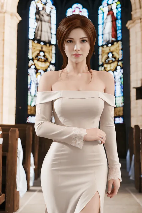 Claire Redfield from Resident Evil, posing seductively to viewer, solo:1, pov, beautiful thick thighs, realistic hands, standing
Sunny church background, long auburn hair, 3/4 body, off-shoulder buttoned wedding dress