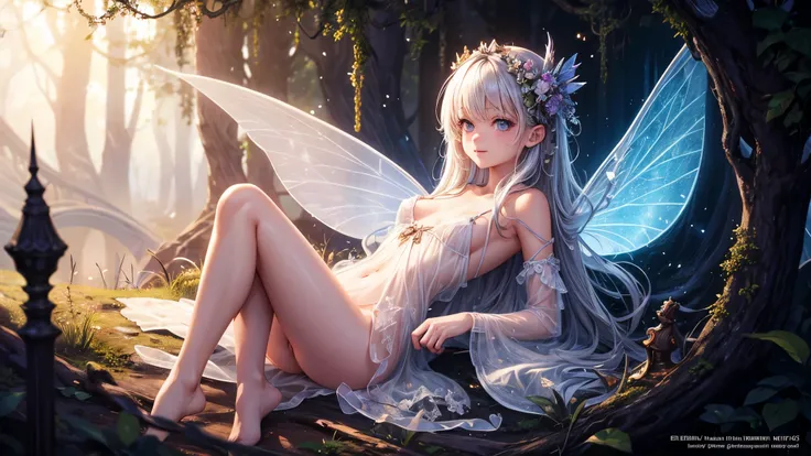 ( Absurd, High quality, ultra-detailed, masterpiece, concept art, smooth, highly detailed artwork, hyper-realistic painting ) , young, tiny , allured, cute, whole body, Romantic, Vivid, dreamy, fantasy, (no bra), fairy wings, in the forest, enchanting glow...