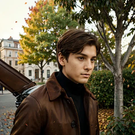 Create a digital portrait of a young boy with brown hair, wearing a stylish turtle neck and a warm, brown coat. The setting is a bustling city street during autumn, with colorful leaves falling around him. Capture the boys expression, suggesting a mix of c...