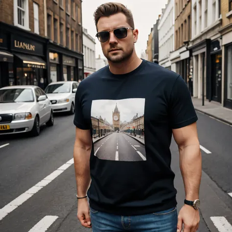 Pure white top，Large top，Round neck T-shirt，fat，British men，Wear sunglasses，street view