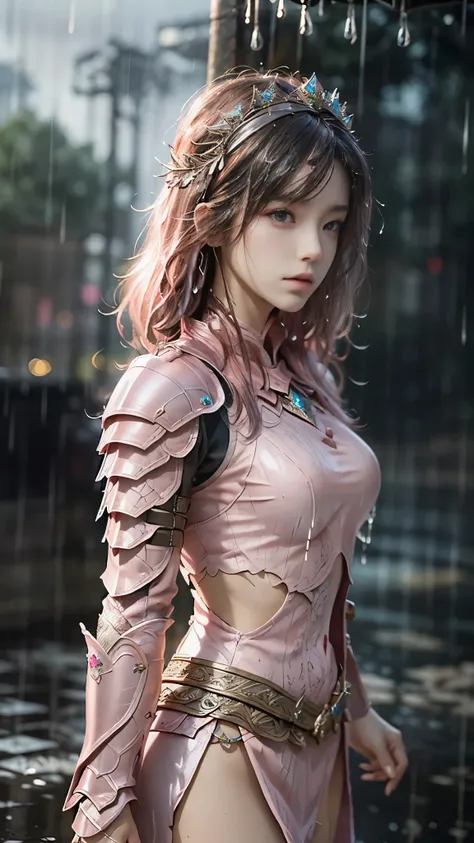 a woman in a pink armor, realistic Art Station, (hard raining:1.5), Detailed Fantasy Art, Stunning Character Art, beautiful Exquisite Character Art, Beautiful (pink Armor:1.8), Extremely Detailed, Exquisite Intricate Headdress and Jewellery, perfect body,