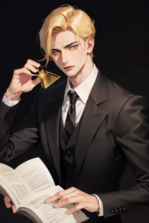 cover for a book, photography of a sexy lawyer man, a solo man, (((man))), (masculine face), 25 years old, lawyer, big bad boy, (golden eyes), expressive look, short blonde hair, (((dark background))), shine hair, unshaven, black suit, face scars, super de...