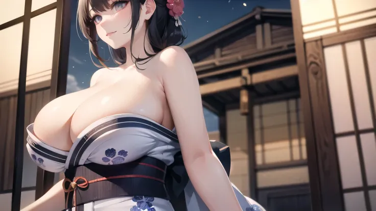 (((masterpiece, best quality))), (((superior quality))), cute girl, ((extremely detailed girl)), (huge breasts), (yukata), (bare shoulders), strapless top, slight smile